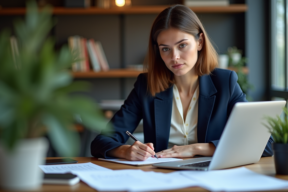 Femme française concentrée travaillant sur son ordinateur dans un bureau moderne