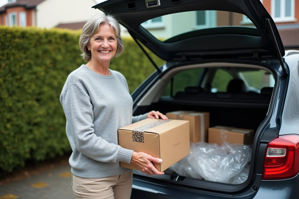 Femme souriante avec pièce auto dans le coffre