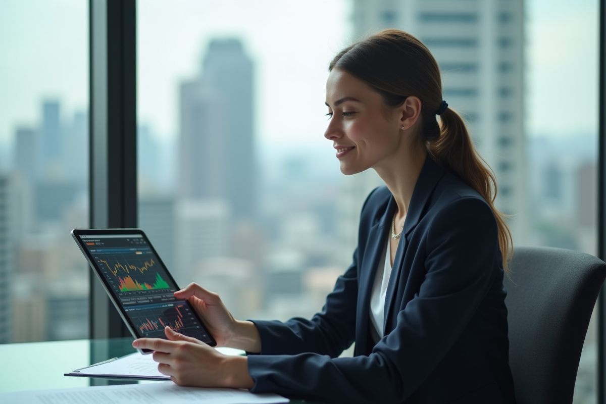Jeune femme avec tablette regarde la skyline urbaine depuis un bureau