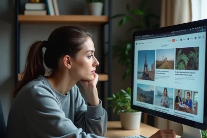 Femme sceptique consultant une plateforme d'agrégation d'actualités sur son ordinateur dans un bureau moderne