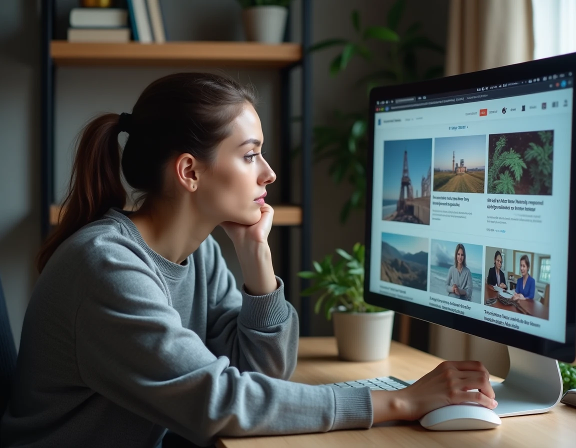 Femme sceptique consultant une plateforme d'agrégation d'actualités sur son ordinateur dans un bureau moderne