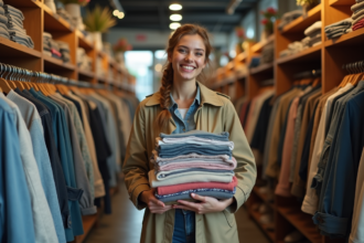 Femme souriante avec vêtements vintage dans une boutique