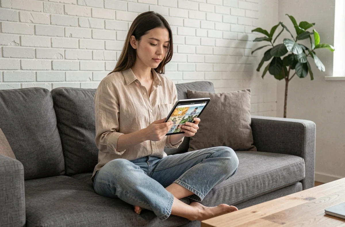Femme lisant un webtoon sur tablette dans un salon moderne et cosy