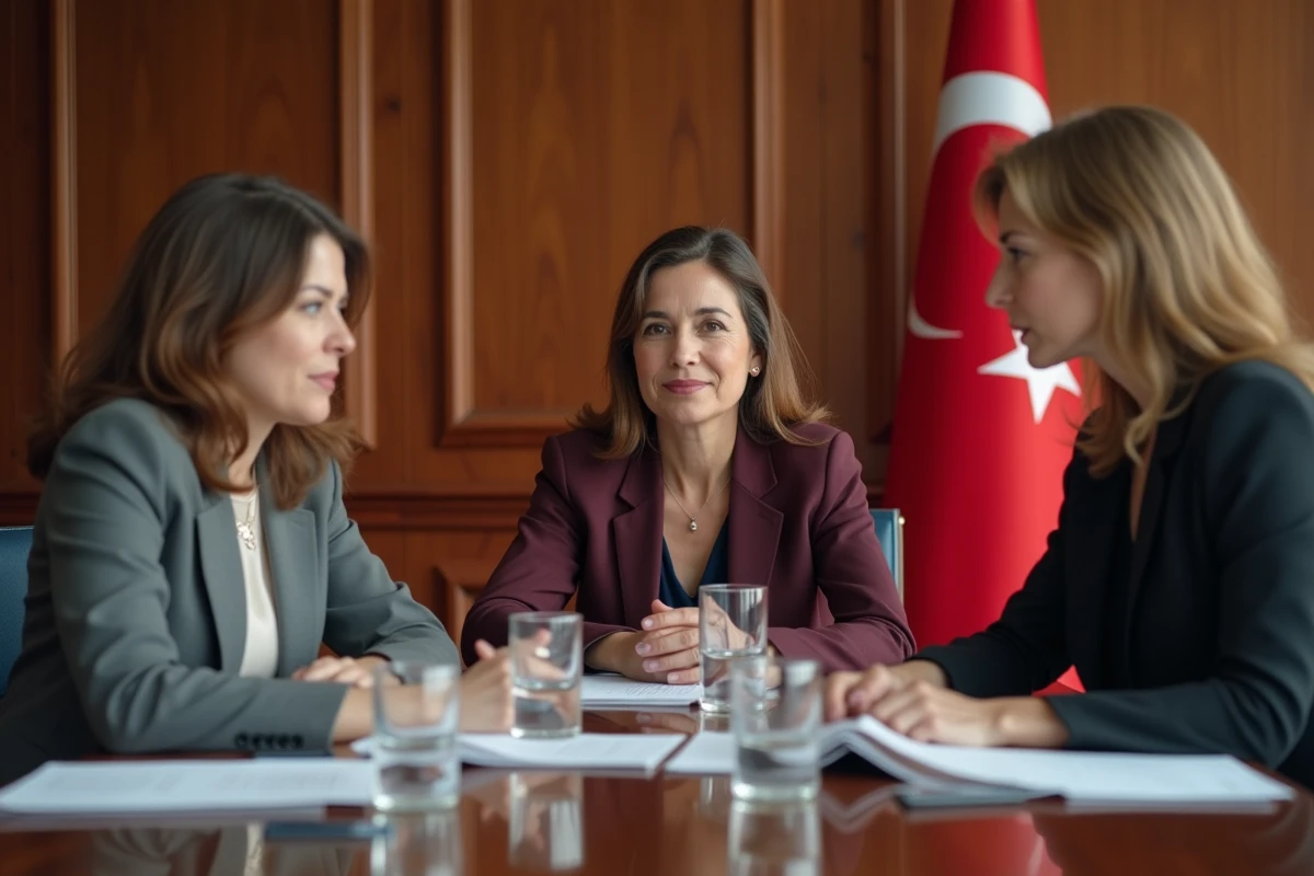 Groupe de femmes élues turques en réunion politique autour d'une table de conférence officielle