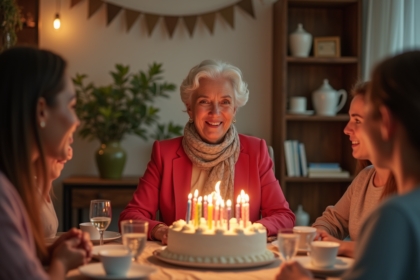 Femme joyeuse souffle des bougies lors d'un anniversaire en famille