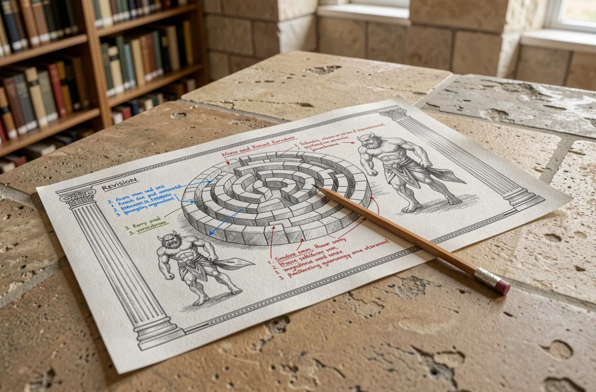 Fiche de révision dessinée à la main sur le mythe du Minotaure avec annotations colorées et croquis du labyrinthe