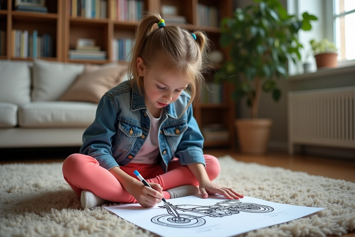Fille de 11 ans coloriant une moto avec des feutres