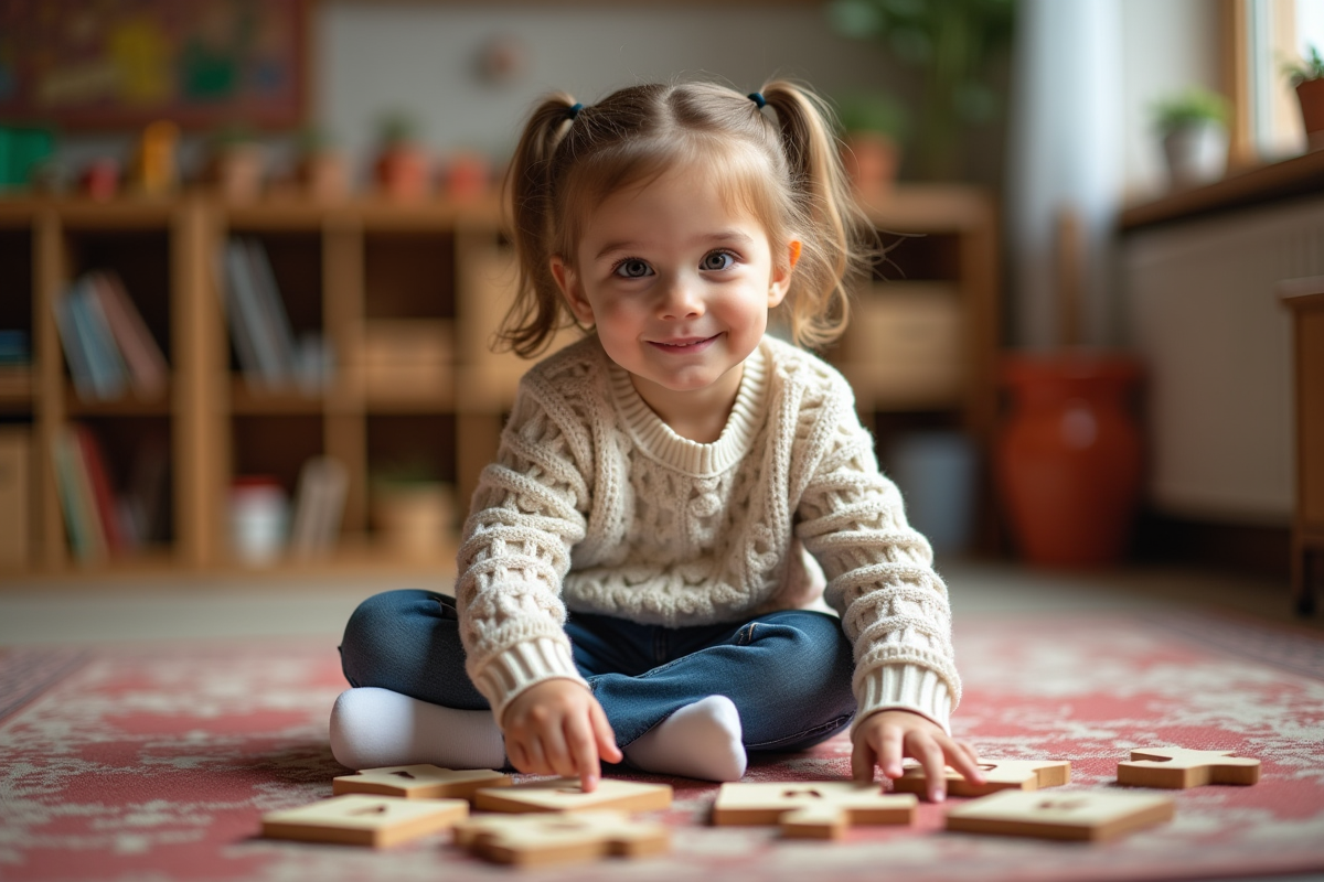 Fille concentrée sur un puzzle en classe