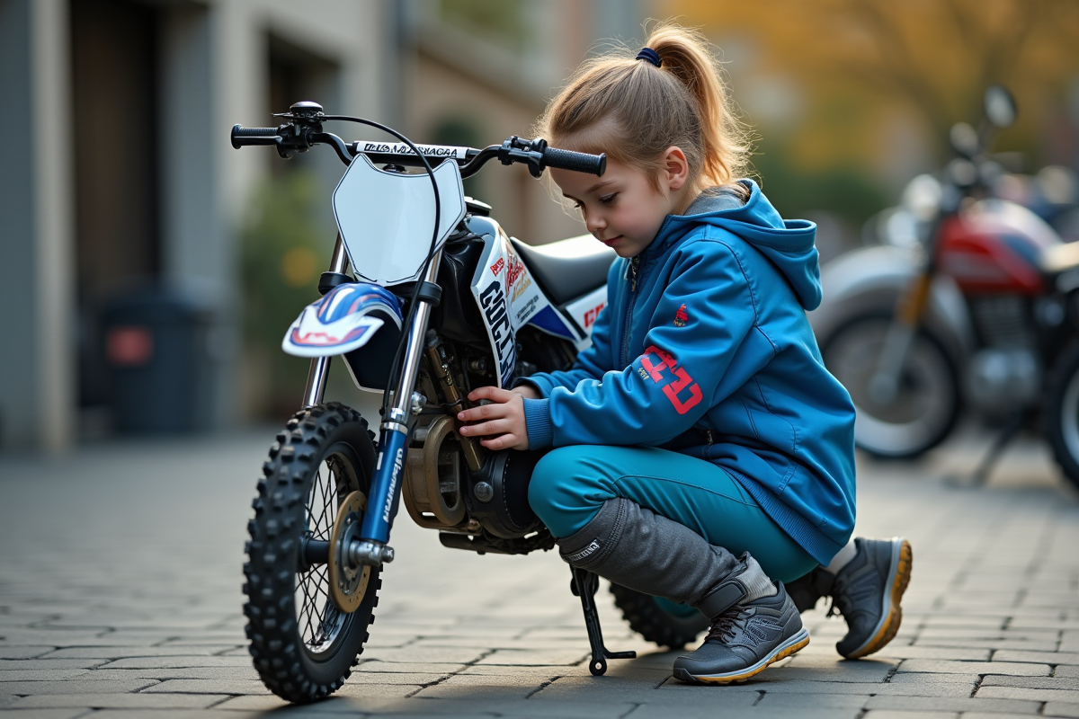 Fille vérifiant la chaîne de sa moto en ville