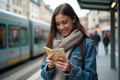 Jeune femme souriante avec ticket à Lyon