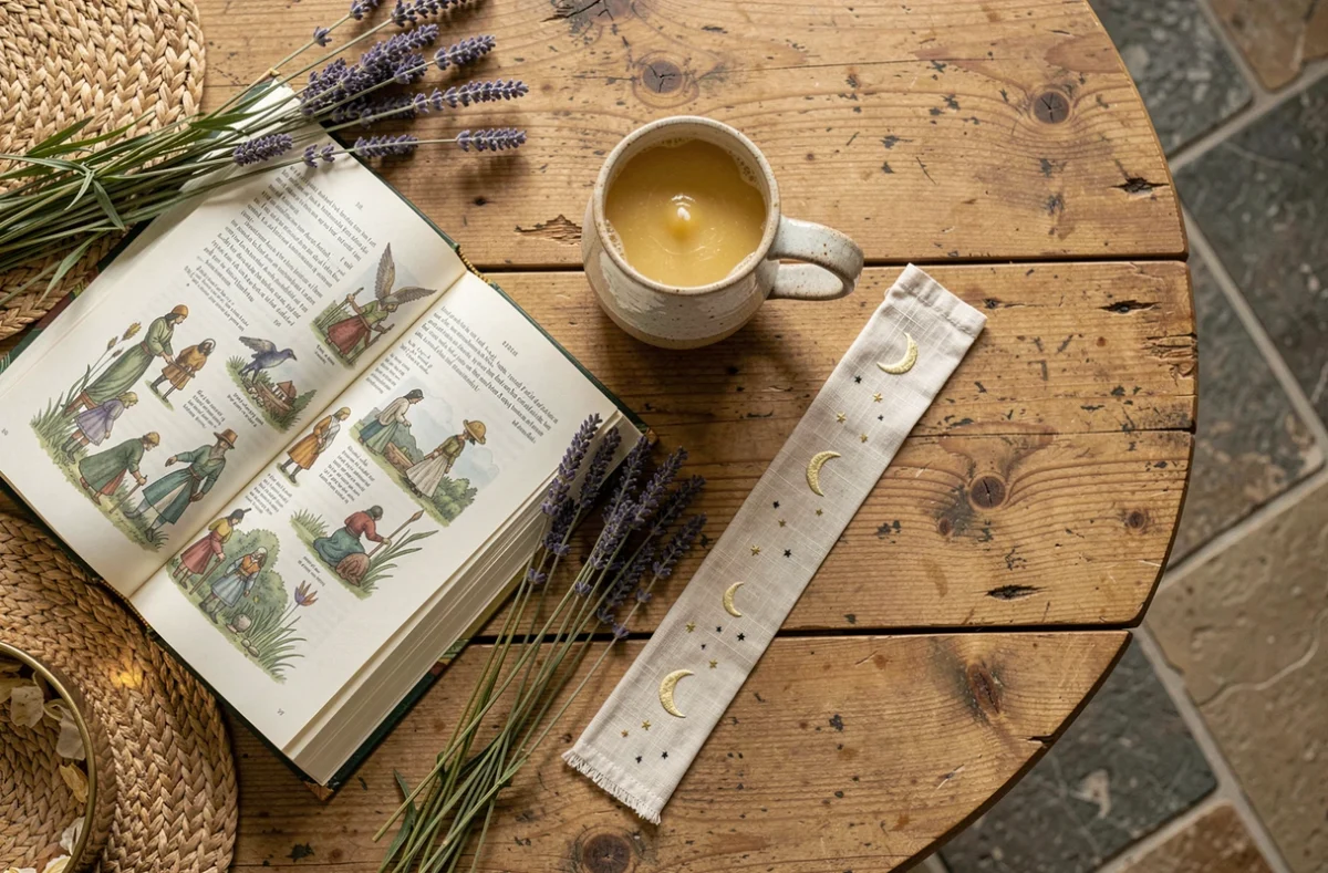 Flat lay cosy avec livre de romantasy, bougie en cire d'abeille et lavande séchée sur une table en chêne
