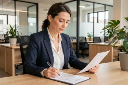 Fonctionnaire attachée hors classe consultant sa grille salariale dans un bureau administratif moderne
