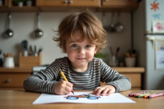 Garçon de 6 ans coloriant une moto avec des crayons