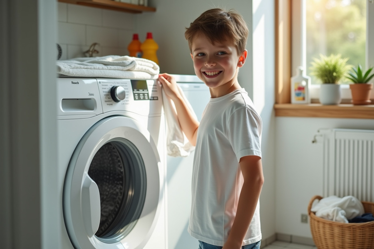 Adolescent plaçant une chemise blanche dans la machine à laver