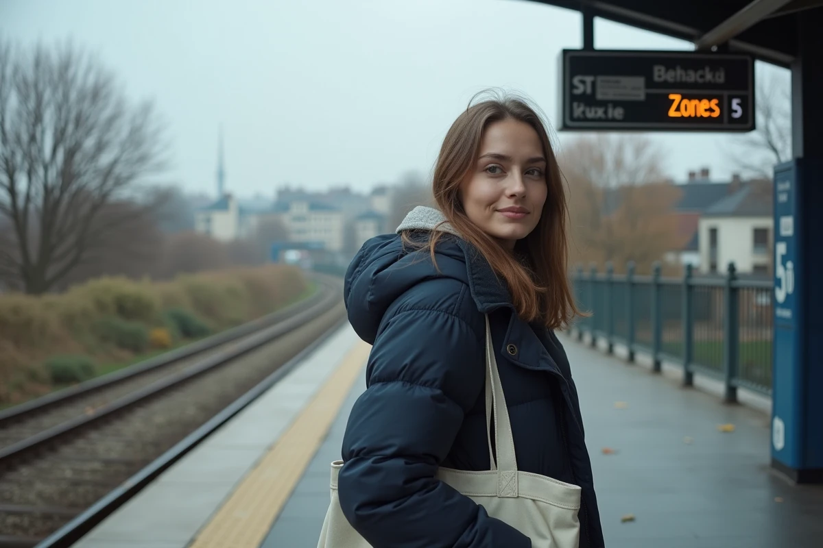 Femme attendant un RER en zone 5 Île-de-France dans une gare de banlieue parisienne