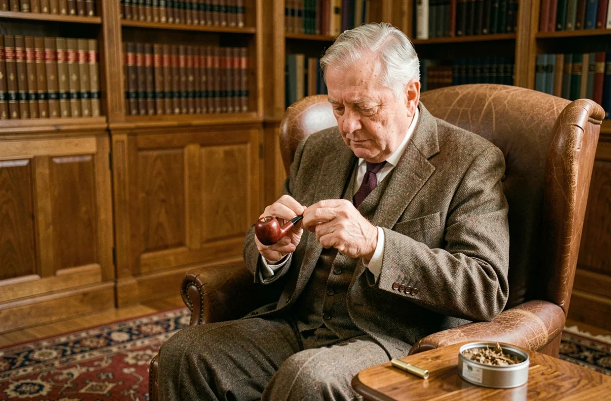 Gentleman en veste en tweed tassant une pipe dans un fauteuil en cuir dans un bureau en bois, avec une boîte de tabac ouverte posée à côté