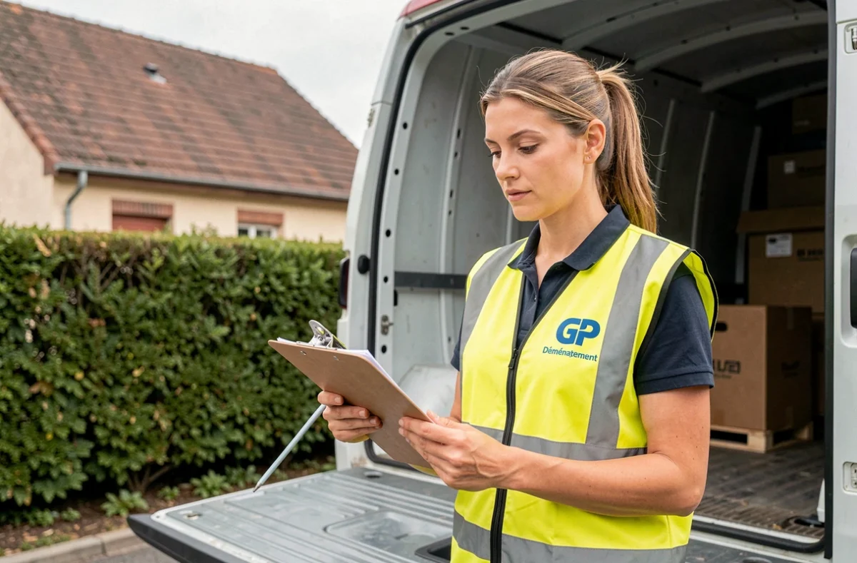 Coordinatrice GP Déménagement vérifiant l'inventaire devant un camion dans une rue résidentielle