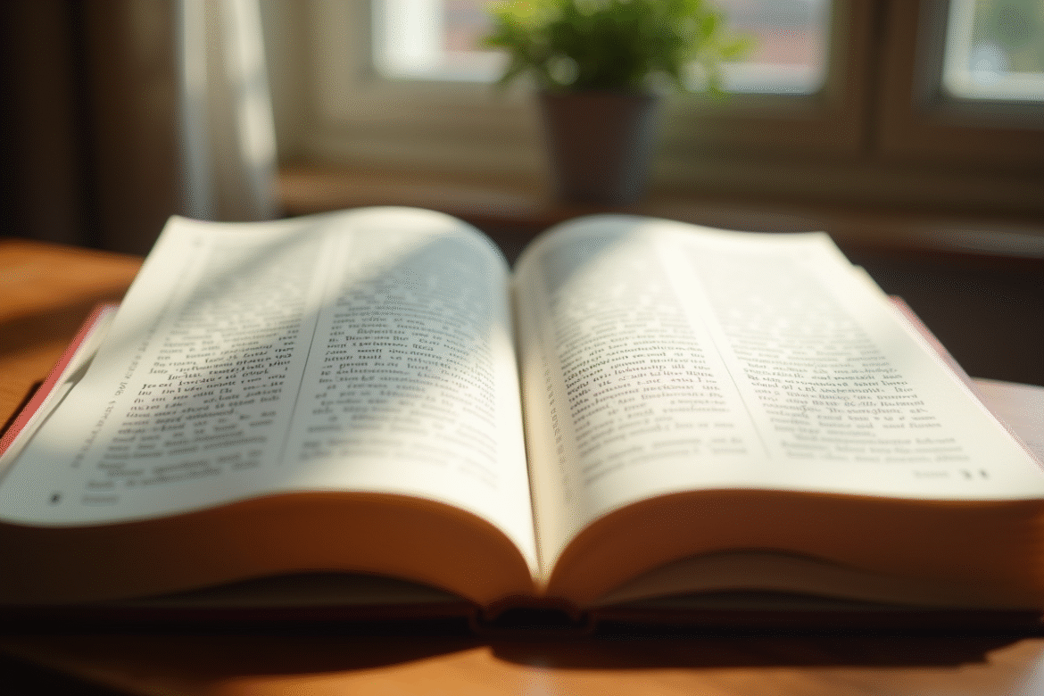 Livre de grammaire française ouvert avec phrases clés en lumière