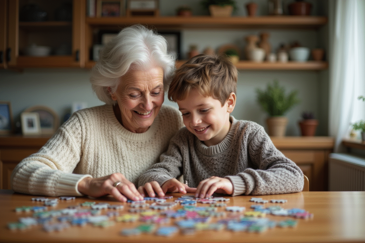 Mamie et petit-fils faisant un puzzle ensemble