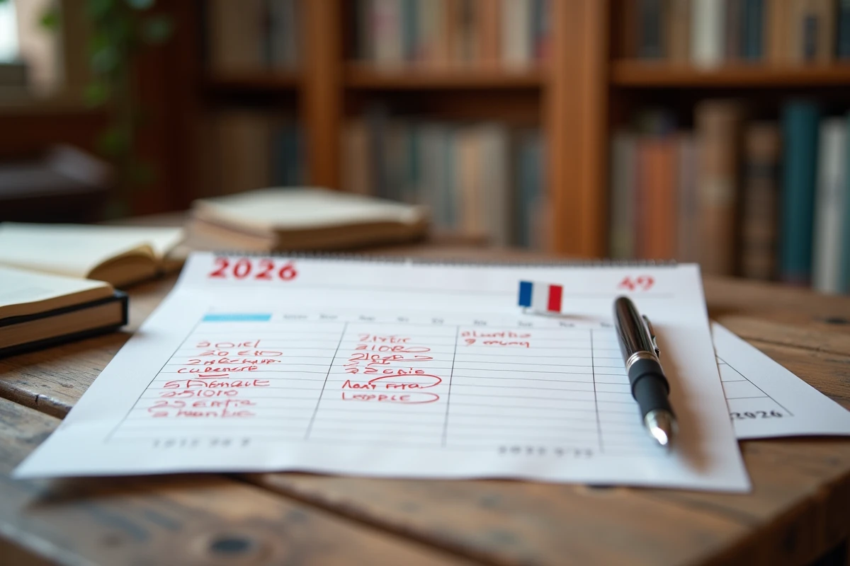 Gros plan d'un calendrier français 2026 imprimé avec les jours fériés entourés en rouge sur un bureau en bois