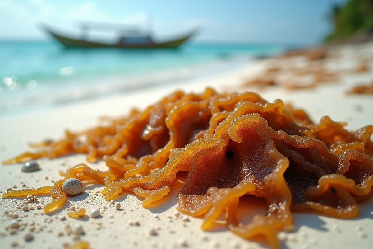 Gros plan sur des algues sargasses échouées sur une plage de sable blanc en Guadeloupe