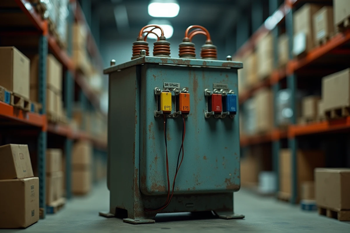 Gros plan sur les bornes et le câblage d'un transformateur reconditionné dans un entrepôt électrique