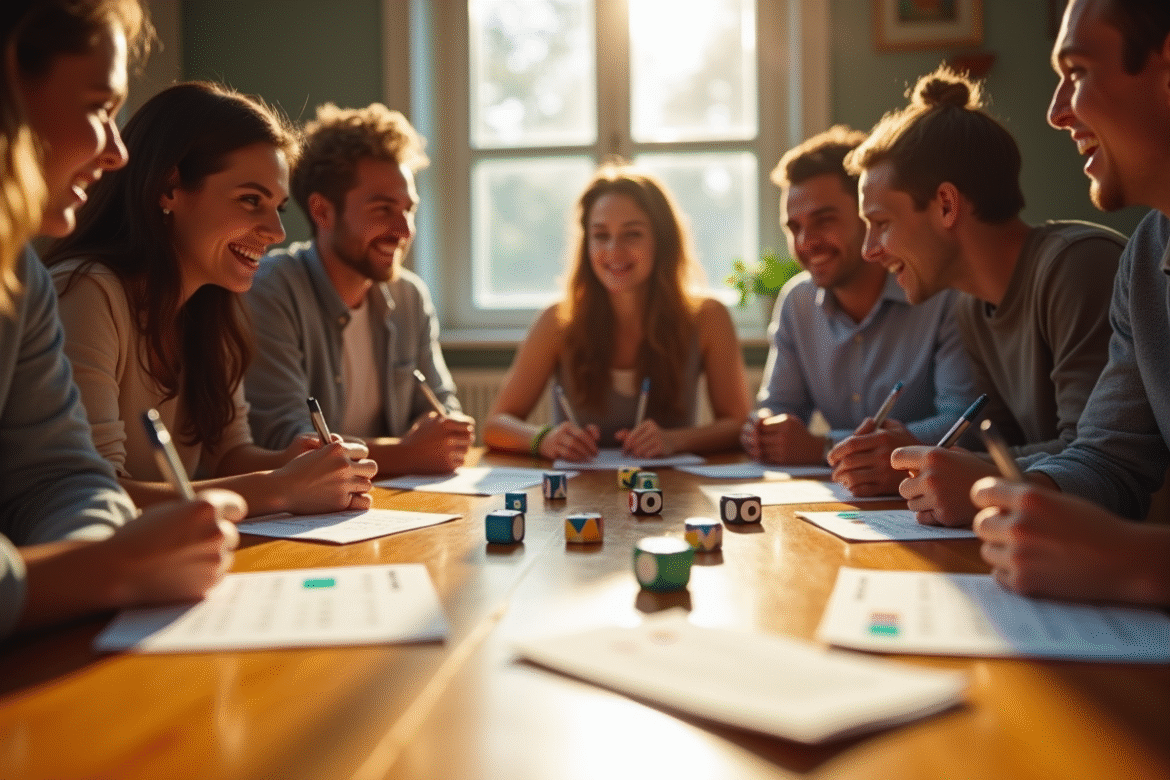 Groupe d'amis jouant au Yahtzee autour d'une table en journée