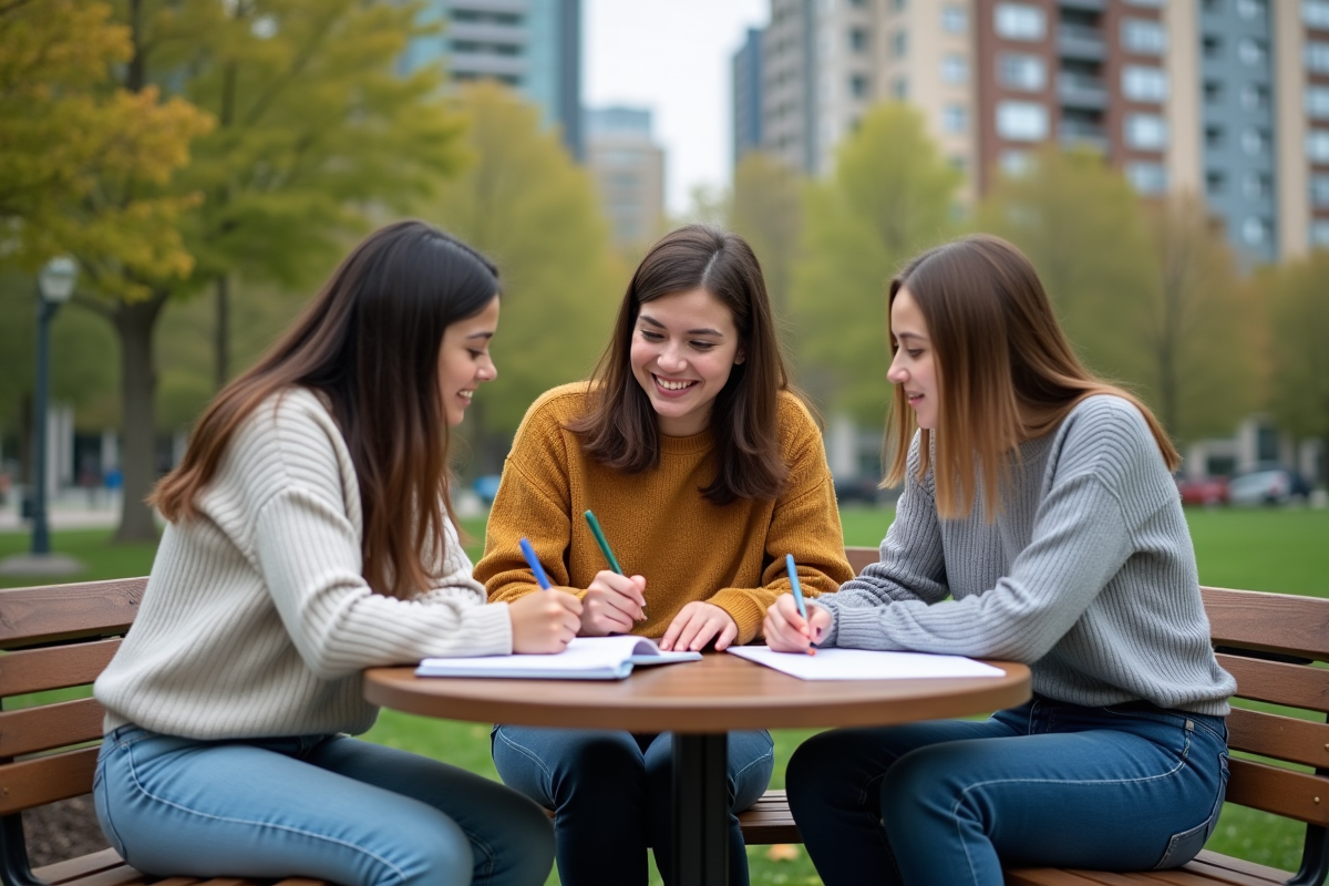Jeunes adultes discutant dans un parc urbain en été