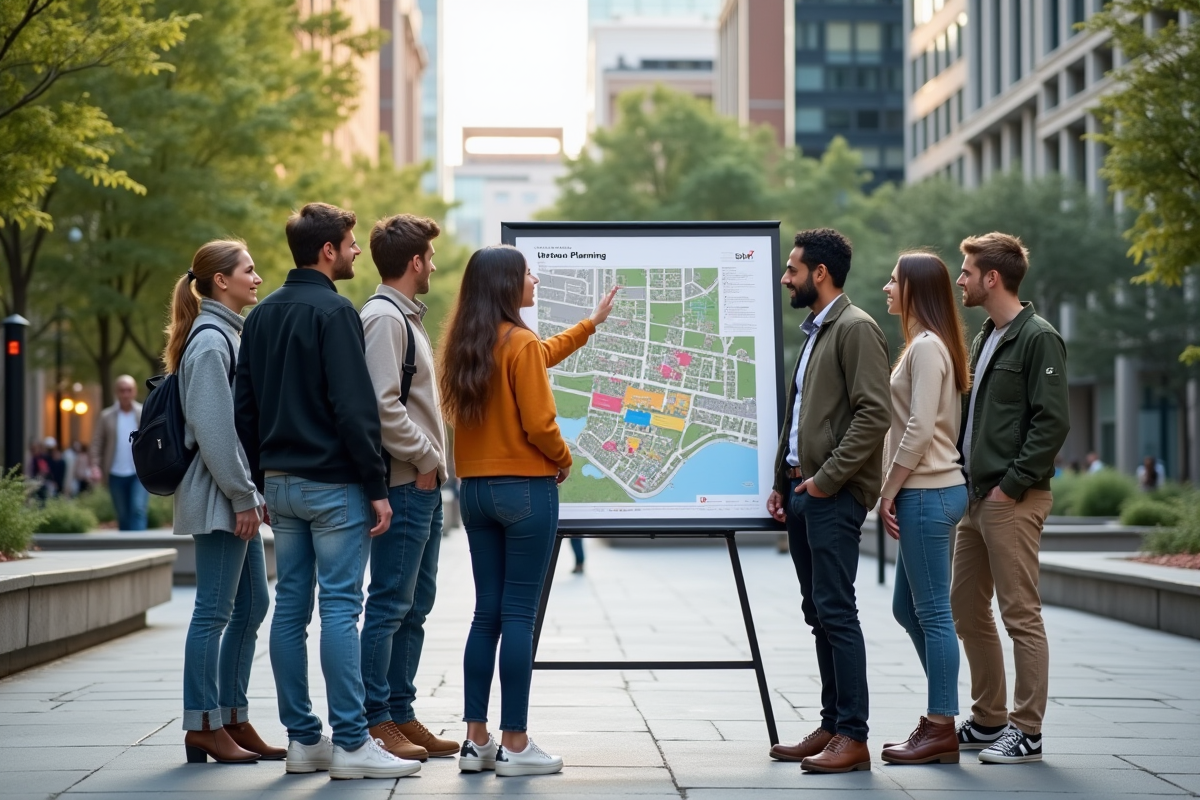 Groupe de jeunes discutant devant un panneau de zonage urbain