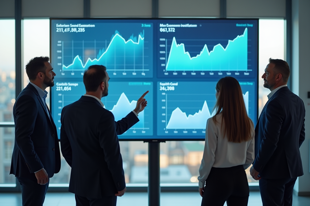 Groupe d économistes discutant devant un écran numérique