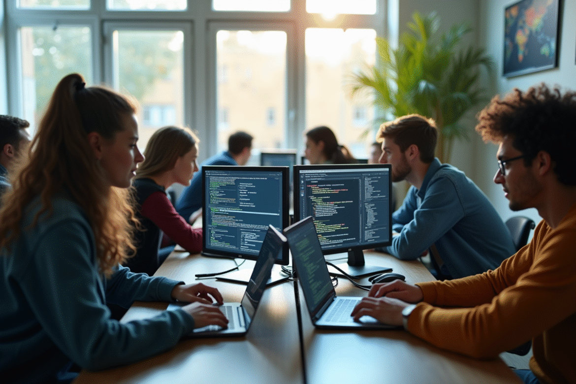 Jeunes adultes collaborant autour d'ordinateurs en classe lumineuse