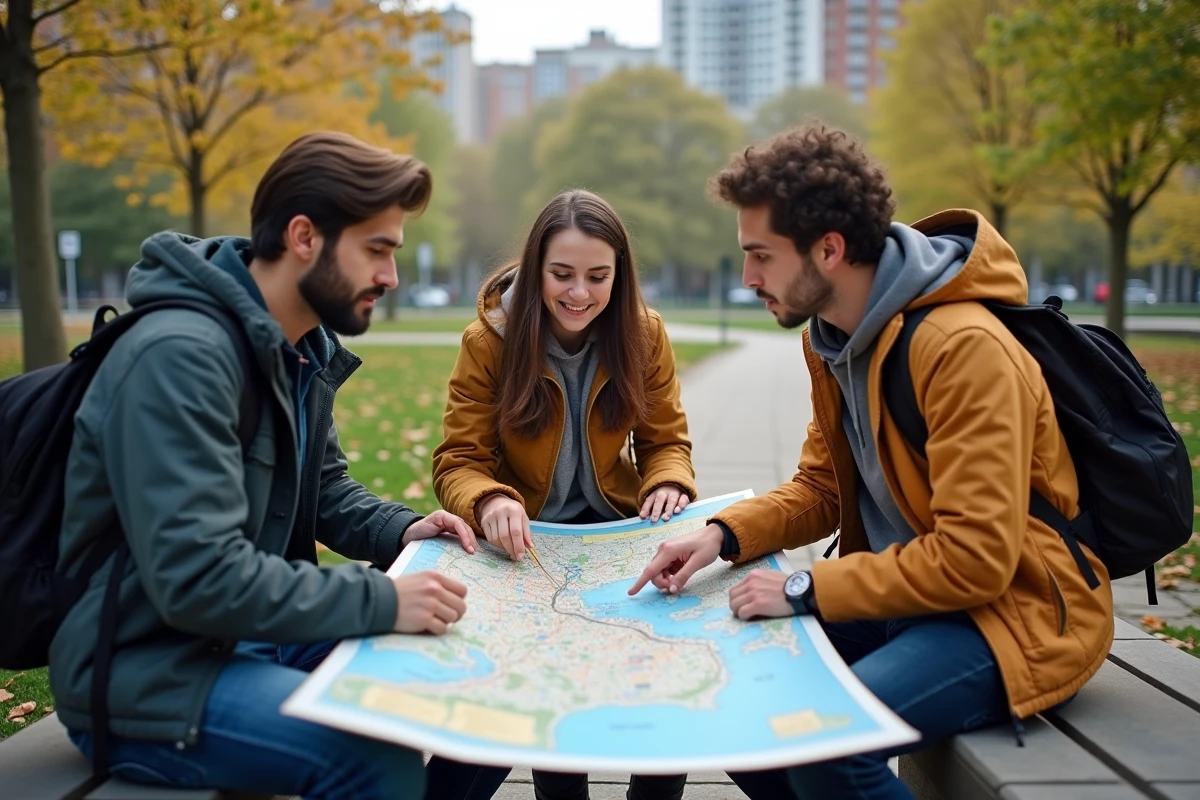 Groupe de jeunes discutant autour d une carte dans un parc urbain