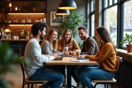 Groupe de millennials dans un café moderne et convivial