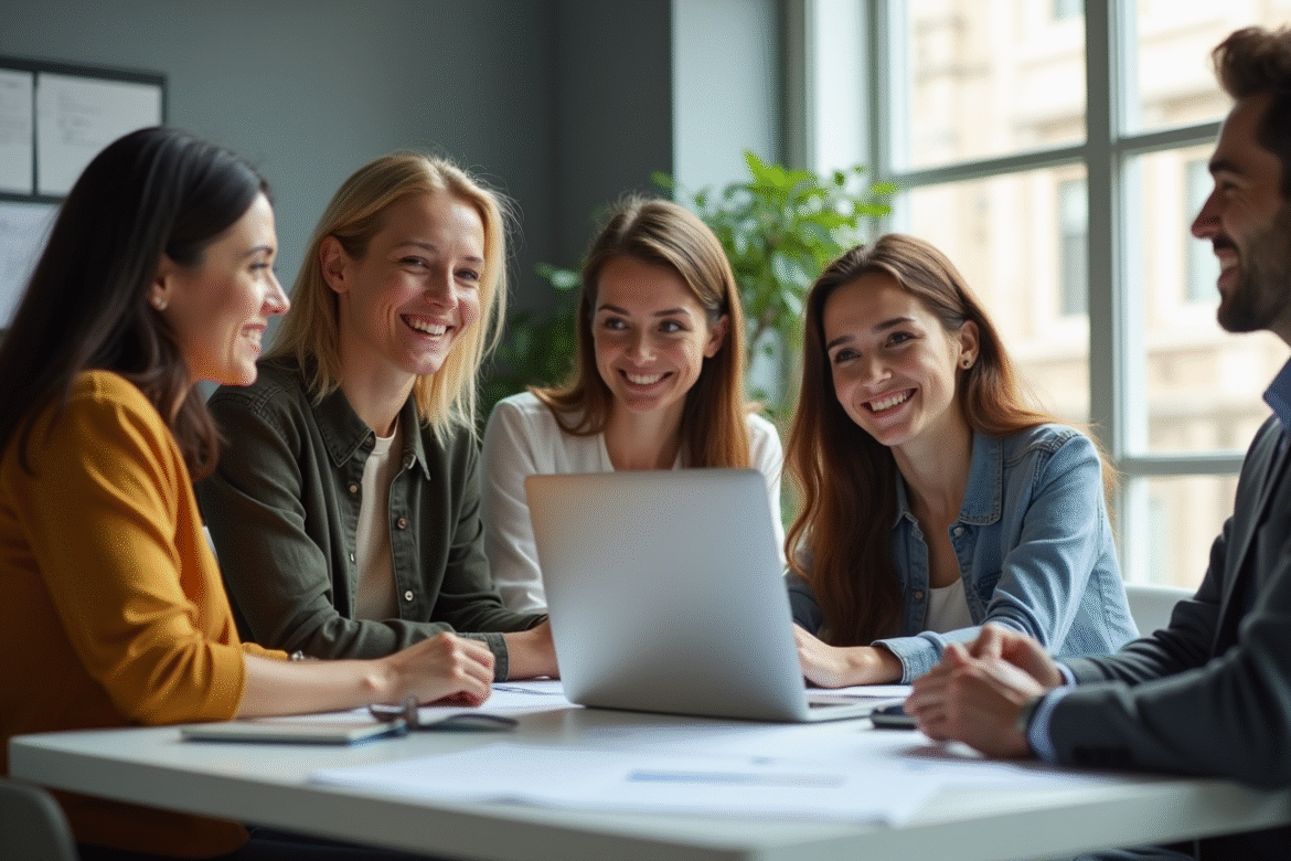 Groupe de jeunes professionnels collaborant dans un bureau lumineux