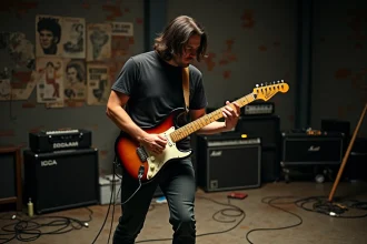 Guitariste au look grunge jouant de la guitare électrique vintage dans une salle de répétition underground, ambiance rock des années 90