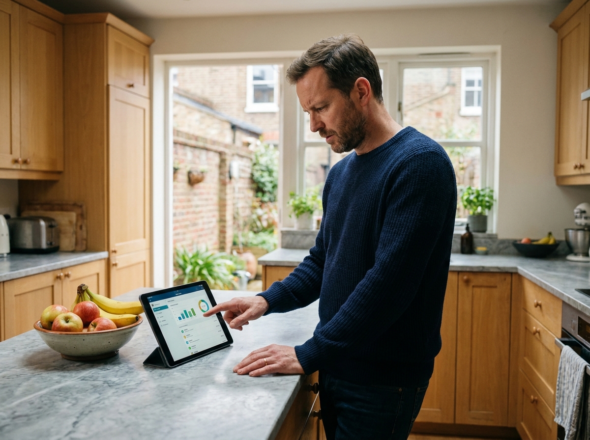 Homme consultant son application bancaire sur tablette dans une cuisine moderne pour comparer budget et dépenses réelles