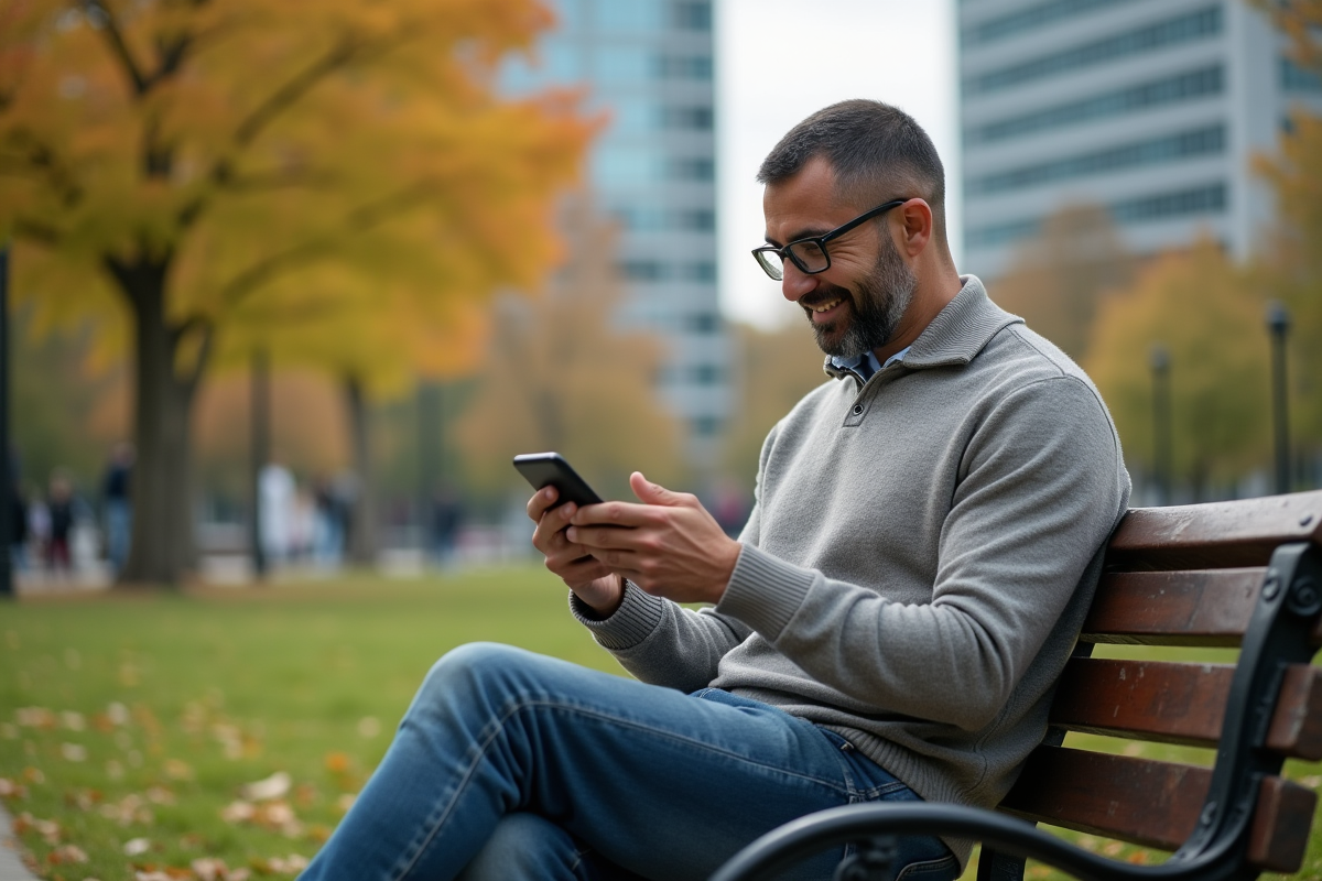 Homme assis sur un banc de parc utilisant une application d