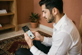 Homme consultant une application d'heure de prière sur smartphone posé sur un tapis de prière à Marseille