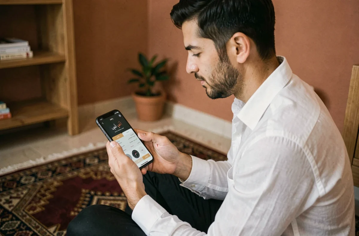 Homme consultant une application d'heure de prière sur smartphone posé sur un tapis de prière à Marseille