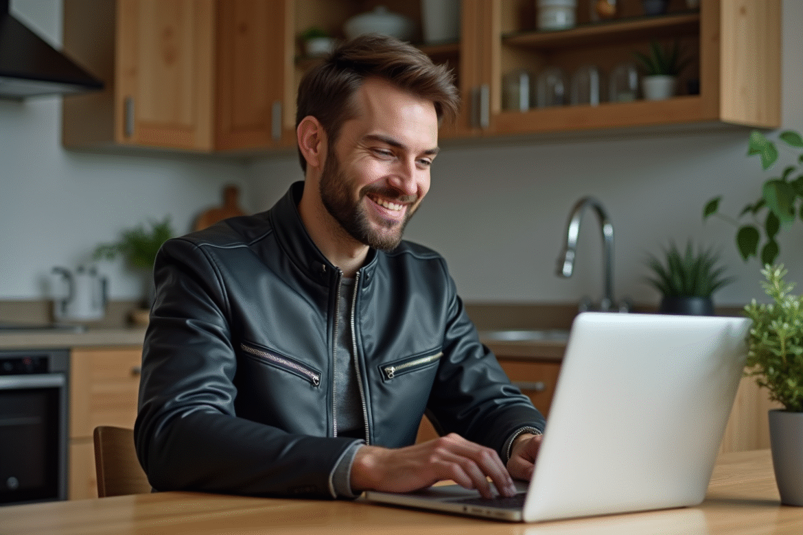 Homme en veste moto moderne compare des options d'assurance en ligne