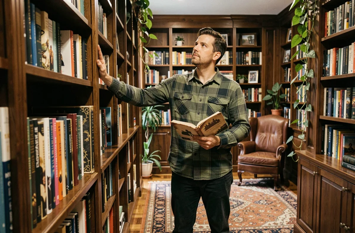 Homme rêveur dans une bibliothèque personnelle tenant un roman de romantasy entouré de livres de fantasy