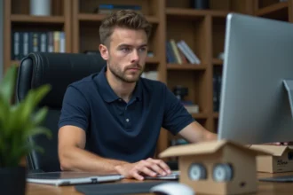 Jeune homme au bureau avec pièces auto neuves