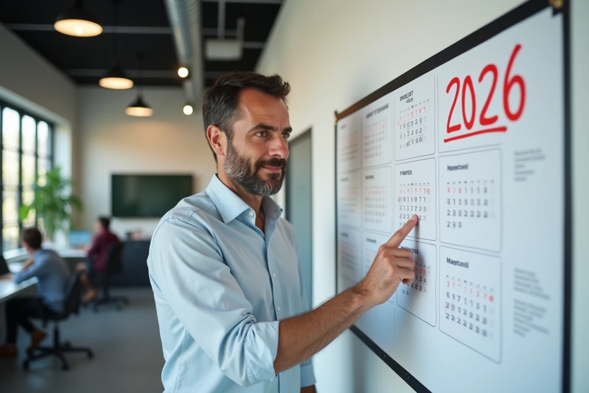 Homme en bureau pointant un calendrier mural 2026 avec les jours fériés français encerclés