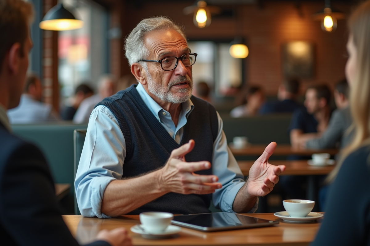 Homme d age en discussion dans un café animé