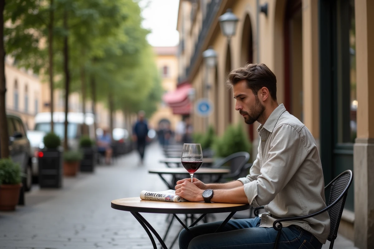 Jeune homme lisant un guide dans un café toulousain