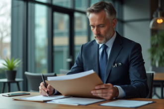 Homme en costume navy tenant un dossier SCPI dans un bureau moderne