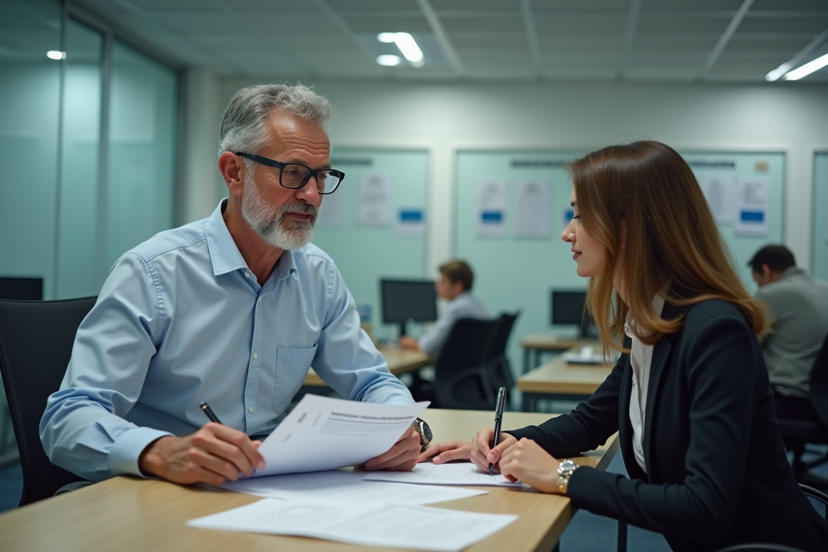 Homme et femme discutant avec documents dans un bureau administratif