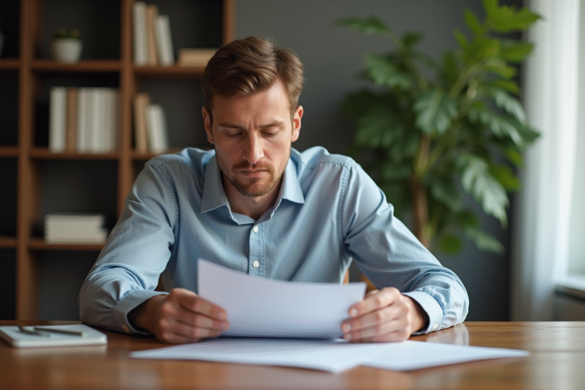 Homme d'âge moyen lisant des documents financiers dans un intérieur moderne