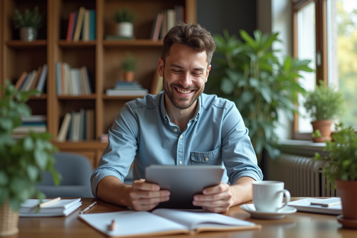 Jeune homme détendu vérifiant paiements sur tablette