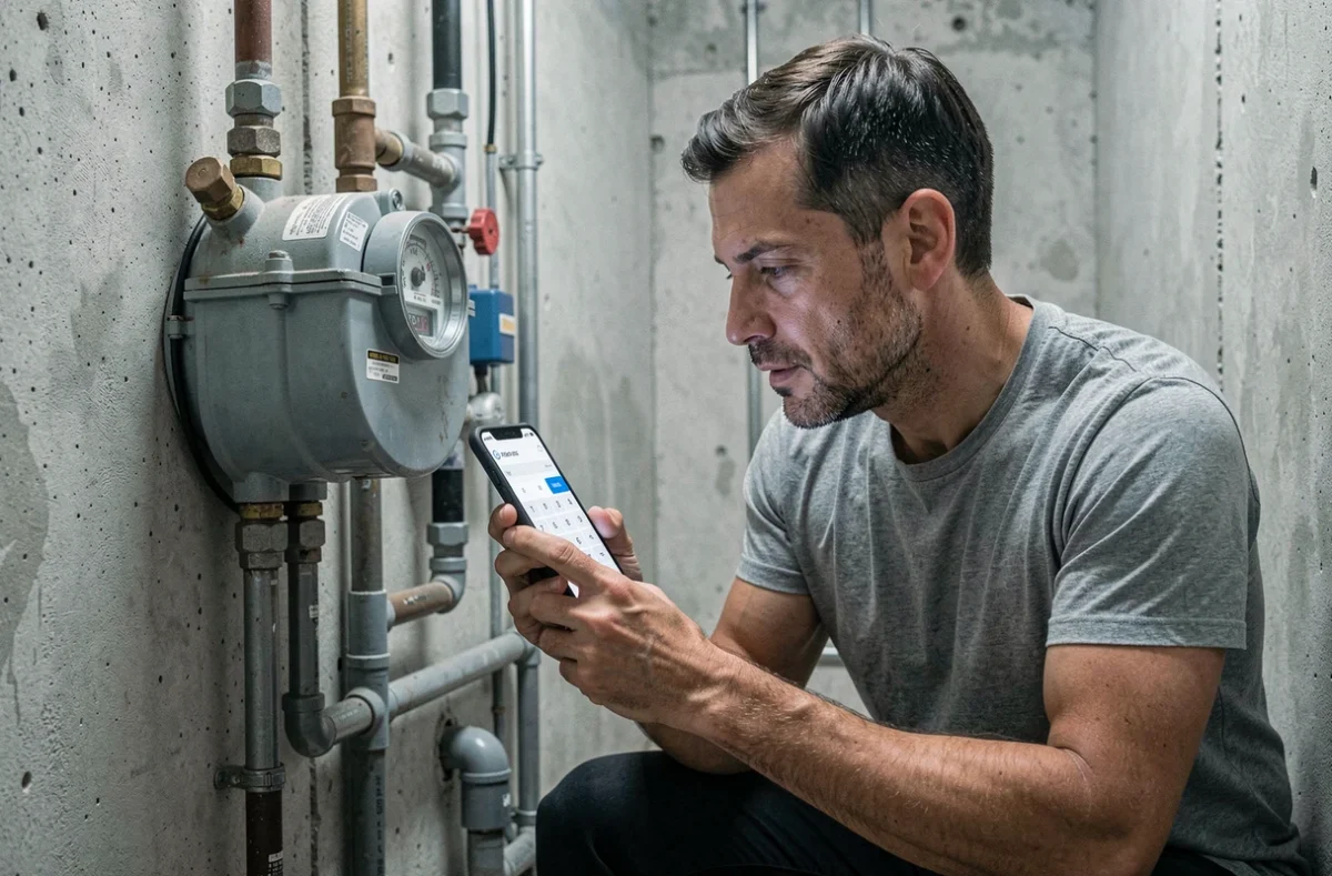 Homme lisant un compteur d'eau avec un smartphone pour convertir les mètres cube en litres